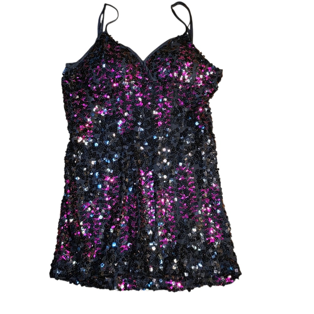 Y2K Wet Seal Womens Sequin Tank Top Black Pink V-Neck Adjustable Straps Size L - Picture 3 of 6